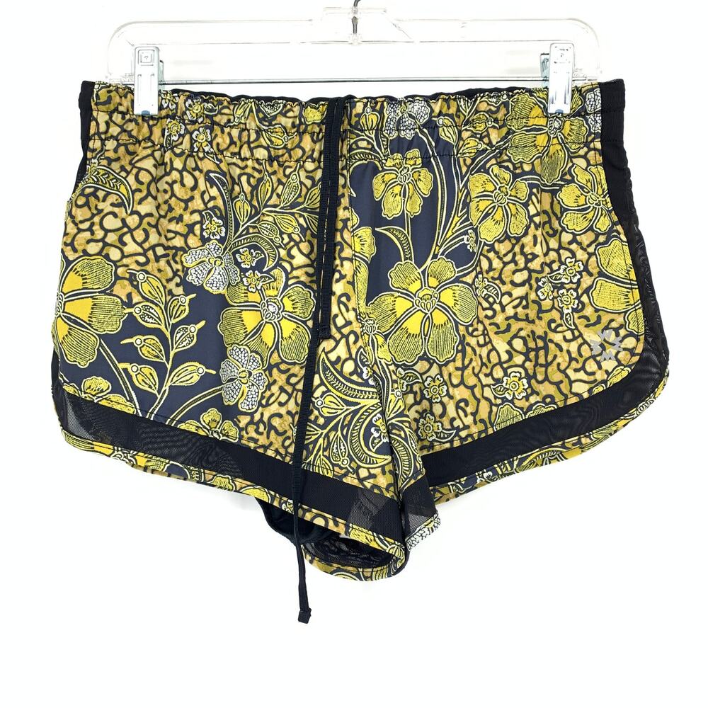 Without Walls Running Shorts Womens Size Large Yellow Floral Print Drawstring